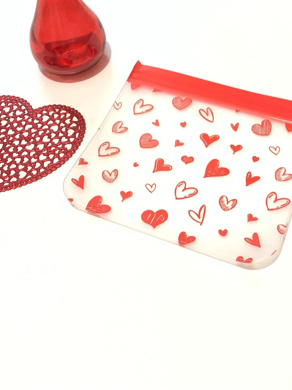 Red Heart-Themed Glass Vase, Coaster and Reusable Bag Set